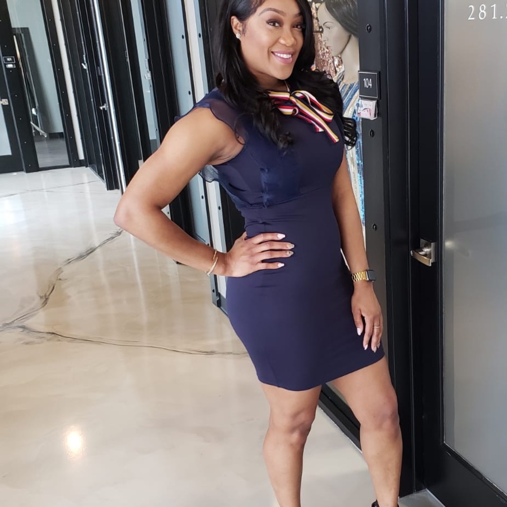 Blue dress with tie neck